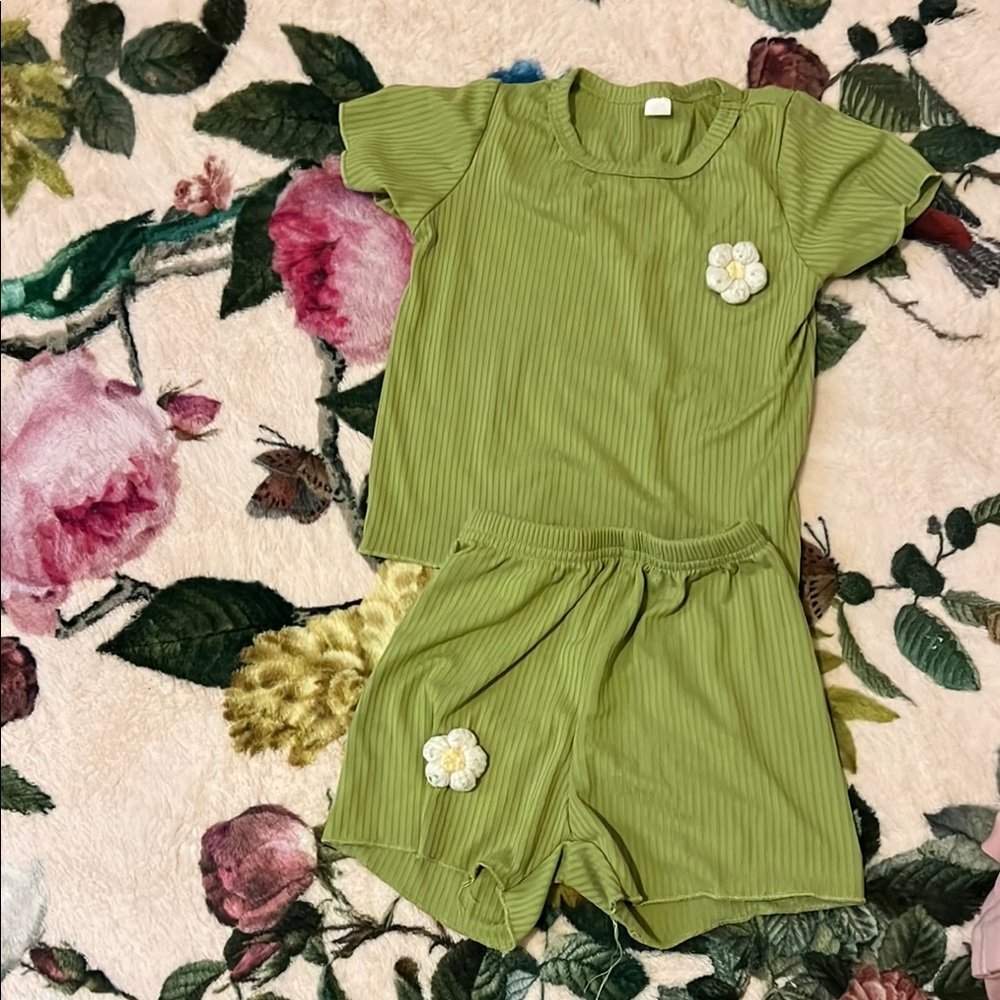 Green Ribbed Two-Piece Set with Floral Accents